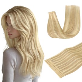 DOORES Hair Extensions Human Hair, Drity Blonde Highlight Golden Blonde 20pcs 60g 26Inch, Human Hair Extensions Tape in Straight Hair Real Human Hair