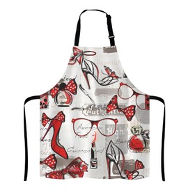 Lefolen Fashion Girl Apron, Watercolor Red Lipstick Perfumes High Heels in Vintage Background for Woman Unisex Kitchen Bib with Adjustable Neck for Cooking Gardening,Adult Size