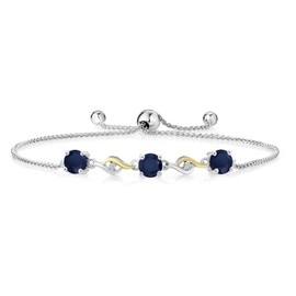 Gem Stone King 1.82 Cttw 5MM Blue Sapphire and 1.3MM White Lab Grown Diamond 925 Silver and 10K Yellow Gold Bracelet For Women | Bollo Bracelet | Fully Adjustable Up to 9 Inch | Easy-On Easy-Off
