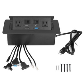 Table Pop up Power Strip Box Desktop Pop Up Outlet Recessed Multimedia Strip Socket Conference Table Power Hub Hidden Table Connection Box with Outlet Network HDMI for Office Desk (Black-A)
