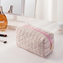 JOVAKIT 2Pcs Makeup Bag Quilted Cosmetic Bag for Women Girls, Floral Coquette Cotton Toiletry Zipper Make Up Pouch, Travel Storage Organizer Pouch (Pink Floral)