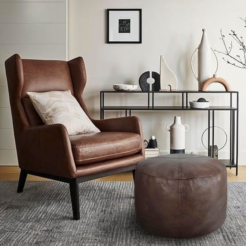 Thgonwid Unstuffed Faux Leather Pouf Cover, Handmade Footstool Ottoman Storage