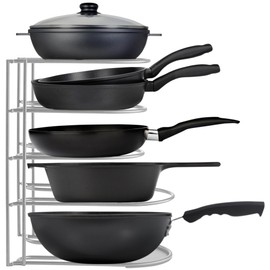 Extreme Matters Heavy-Duty Pots and Pans Organizer | 5-Tier Cookware & Lid Storage Rack | Free-Standing or Wall-Mount | Kitchen Organizer for Cast Iron Skillets, Pots, Frying Pans, Lids | Chrome