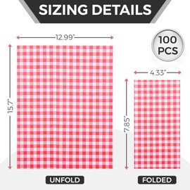 100 Pack Red and White Gingham Checkered Paper Napkins (Disposable) - 3-Ply Decorative Guest and Party Napkins for Summer Picnic, Barbecue, Wedding, Camping - Table Decorations For Lunch & Dinner