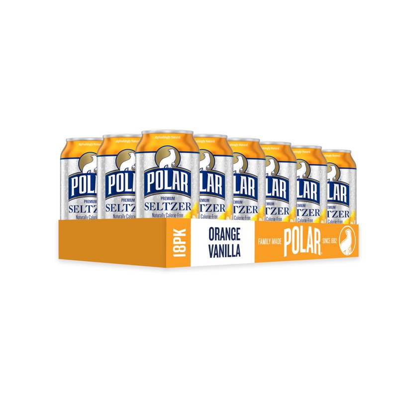 Polar Seltzer Water Orange Vanilla, 12 fl oz cans, 18