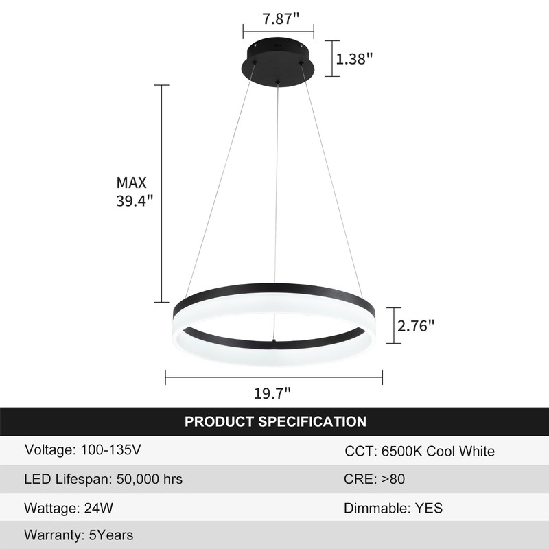 Buccleuch Black LED Chandelier, Dimmable Round Chandelier for Dining Room