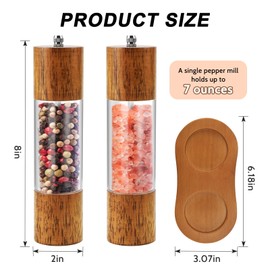 Ruiqas Acrylic Salt and Pepper Grinder with Wooden Tray Set of 2 Manual Shakers Salt and Pepper Mills with Adjustable Grain Size 8in Tall
