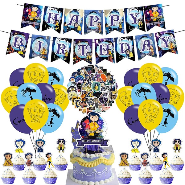 Coraline Birthday Party Supplies, Coraline Party Decorations,Coraline Party Theme Includes Coraline Balloons,Banner,Cake Toppers,Stickers for Kids Birthday Theme Party Decorations