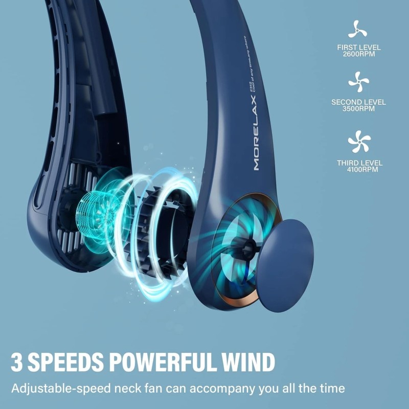 Morelax Neck Fan USB Rechargeable Personal Fan, 3 Speeds Adjustable,