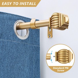 Gold Curtain Rods for Windows 28 to 55 Inches Adjustable Heavy Duty 6/8" Diameter Window Curtain Rod with Decorative Finials for Bedroom Kitchen Living Room
