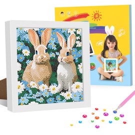 GHHKUD Diamond Art Kits for Kids with Frame, 5D Rabbit Diamond Painting Kit for Kids, Small Diamond Art Kits Art and Craft Sets Gifts for Girls Boys, Crystal Art Kits for Kids Ages 6-9-12(7x7inch)