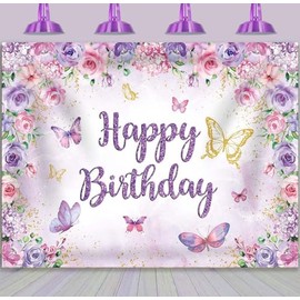 BINQOO Butterfly Birthday Backdrop Purple Butterfly Happy Birthday Photography Background Girl Party Decorations Photo Banner Props Supplies (7x5FT)