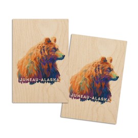 Juneau, Alaska, Vivid Grizzly Bear, (4x6 Birch Wood Postcards, 2-Pack Stationary, Rustic Home Wall Decor)
