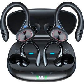 48hrs Bluetooth Headphones Wireless Earbuds Playback IPX4 Waterproof Earphones Over-Ear Stereo Bass Headset with Earhooks Microphone LED Battery Display for Sports/Workout/Gym - Color: Black B