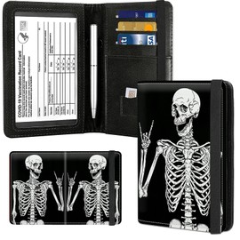 Passport Case and CDC Vaccine Card Holder Combo, Skull Skeleton Leather Wallet RFID Blocking Elastic Strap Passport Holder with Credit Card Slots, Travel Organizer Document Plus a Pen