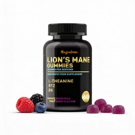 Lion's Mane Gummies, Mixed Berry Flavour, with L-Theanine, B6, B12, Sugar Free, Vegan Friendly, 1 Month Supply, Mind and Focus Complex Supplement, 60 Gummies