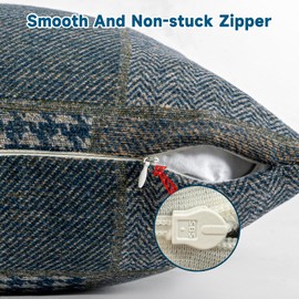 AmHoo Set of 2 Throw Pillow Covers Woolen Patchwork Checkered Farmhouse Decorative Square Pillows Cover Pillowcase for Sofa Couch Bed 18 x 18-Inch Blue