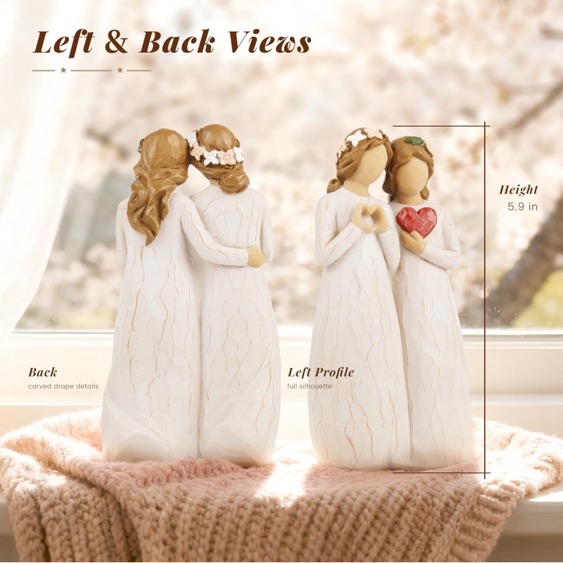 Dekismeos Sister Figurine with Heart, Two Sisters Resin Sculpture as