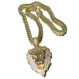Mens 14k Gold Finish 8mm Miami Cuban Link Chain Stone Lock Stainless Steel Choker Iced Out Lion Head Rappers Necklace Iced Cuban Chain for Men, Cuban Necklace (20"22"24"Chain & Pendant) (20)