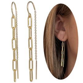 14k Gold Filled Threader Earrings, Thread Earrings For Women, Pull Through, Paperclip, Chain Dangle Drop Threaded, Austin Down to Earth (Gold Paperclip Chain)