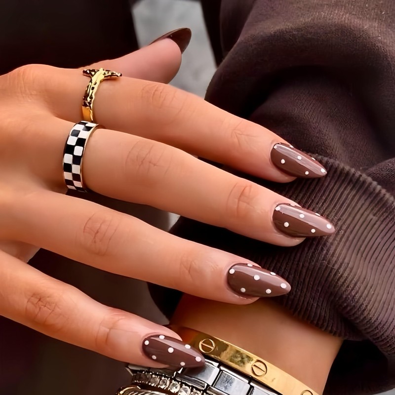 SXVME Uñas postizas marrones almendradas, 30 uñas postizas cortas con