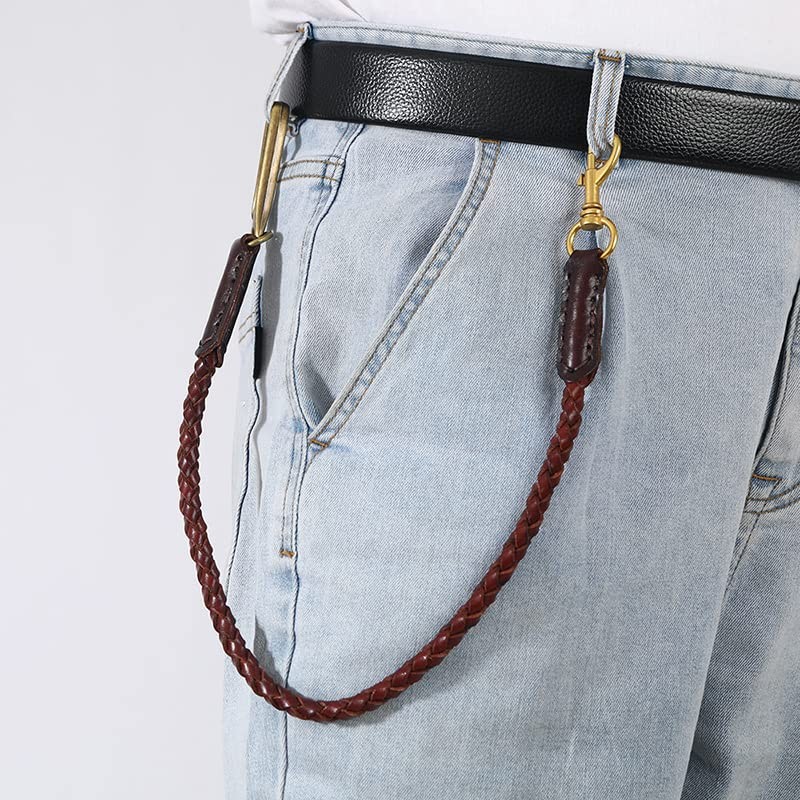Rockyu Men's Genuine Leather Braided Brown Pant Chain Wallet Chain