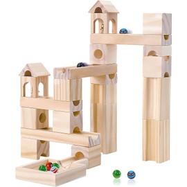 Wooden Marble Run for Kids Ages 4-8, 60 Pieces Wood Building Blocks Toys and Construction Play Set, Marble Track Maze Game STEM Learning Toys Gifts for Boys Girls