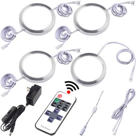 Lvyinyin Kitchen Under Cabinet Lights Kit, 120 Volt Wired LED Puck Display Cases Lighting, RF Wireless Remote Control Dimmable, Daisy Chained Linkable, White Wires, Daylight 6000K, 4 Lights
