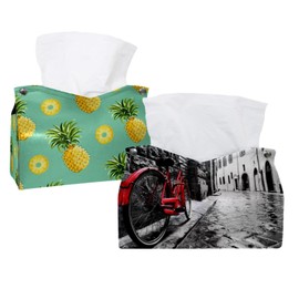 2 Pack Tissue Box Cover Holder, Red Bicycle Rectangle Leather Tissue Case, Decorative Organizer for Tabletop, Bathroom, Car, Office