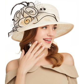RZTA Women's Kentucky Derby Church Dress Hat Wide Brim Leaf Flower Bridal Shower Hat R7 Beige,Black Edge