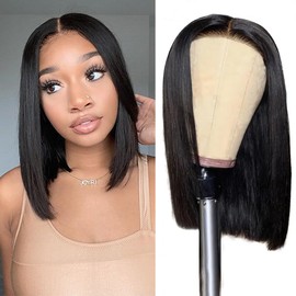 Glueless Wigs Human Hair Pre Plucked Pre Cut Wear and Go Straight Bob Wigs 4x4 Lace Closure Wigs 180% Density Short Human Hair Wigs for Black Women (Glueless Wig, 12inch)