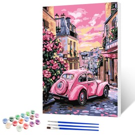 NAIMOER Pink Car Paint by Numbers Kits for Adults Beginner with Wooden Framed, Color by Numbers on Canvas Painting Kits for Adults, Easy Paint DIY Acrylic for Home Wall Decor 12X16 Inch