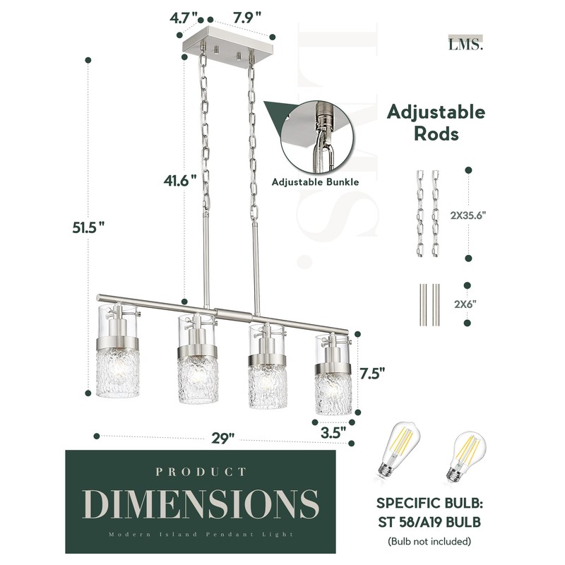 LMS 4-Light Brushed Nickel Island Chandelier Lights for Kitchen, Mid