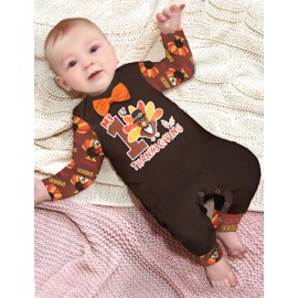 Aulyffo My First Thanksgiving Baby Boy Outfit 3-6 Months Thanksgiving Baby boy Clothes Long Sleeve One Piece Jumpsuit + Turkey Hat 2PCS Baby Thanksgiving Outfit