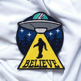 Funny Bigfoot Alien Abduction Space UFO Embroidered Patch Iron On Size: 3.2 X 3.9 inches.