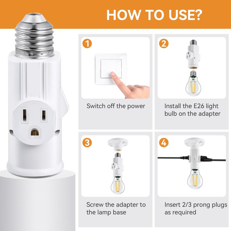 Enhon 2 Pack Light Socket Outlet Adapter, 2/3 Prong Light
