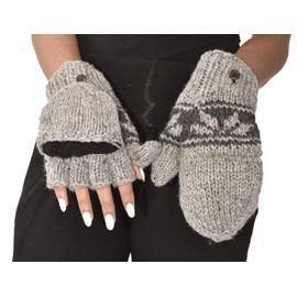 Three Cranes Gallery Hand Knitted 100% Merino Wool Flip Top Snowboard Finger less Ski Polar Fleece Lined Fingerless Nepalese Mittens Convertible Texting Gloves-Grey