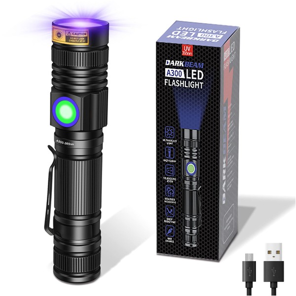 DARKBEAM UV 365nm Flashlight Blacklight Rechargeable USB, Wood's lamp Handheld Ultraviolet Black Light LED Portable with Clip, Pet Urine Detector, Resin Curing, Anti-Counterfeit, Fluorescent Detection