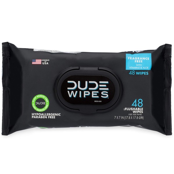 DUDE Wipes Flushable Wipes - 1 Pack, 48 Wipes - Unscented Wet Wipes with Vitamin-E & Aloe for at-Home Use - Septic and Sewer Safe