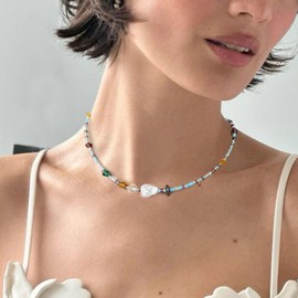 S.J JEWELRY Beaded Necklaces for Women Colorful Seed Bead Necklace Boho Necklaces for Women Beach Necklaces Summer Necklace Choker for Women Stainless Steel 18K Gold Plated CK-MixBlue-Baroq