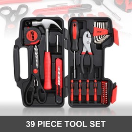 DNA MOTORING 39 Pcs Portable Tool Kit Household Hand Toolbox General Repair Screwdriver Pliers Hammer Hex Set - Color: Red