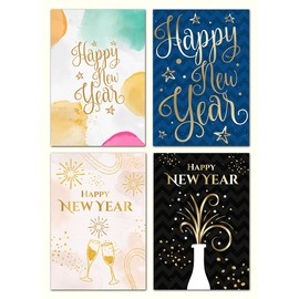 Giftinghouse Happy New Year Cards 2024 packs - 12/24 Gold Foil Greeting Cards Multipack with White Envelopes - Blank Inside Eco-Friendly Cards Set for friends and family. (12)