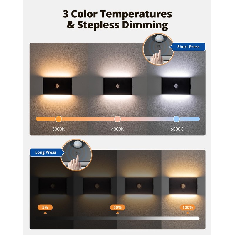 wowatt 6 Packs Rechargeable Motion Sensor Stair Light Black (Magnetic