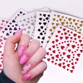 6 Sheets Glitter Heart Nail Stickers 3D Shiny Love Heart Nail Decals Self Adhesive Valentine's Day Nail Art Stickers Colorful Glitters Heart Designs DIY Valentines Nails Manicure Decorations Charms