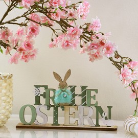 COM-FOUR® Decorative Stand for Easter, Lettering with Easter Bunny, Easter Decoration for Standing, Wooden Easter Decoration with Bell (1 Piece, Rabbit and Flower)