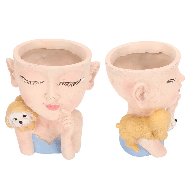 Flower Pot Girl and Dog Cute Style Bottom Drainage Hole