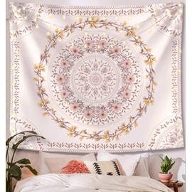 Lifeel White Bohemian Tapestry Wall Hanging, Mandala Floral Medallion Hippie Tapestry with Light Brown Aesthetic Wreath Design, Cream Wall Decor Blanket for Bedroom Home Dorm, Large 68×80 inches