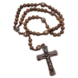 Nazareth Store Our Father Wood Rosary Beads Necklace with Beautiful Large Antique Cross Crucifix