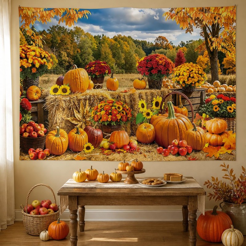 Fall Pumpkin Backdrop Autumn Haystack Hay Bale Maple Leaves Background