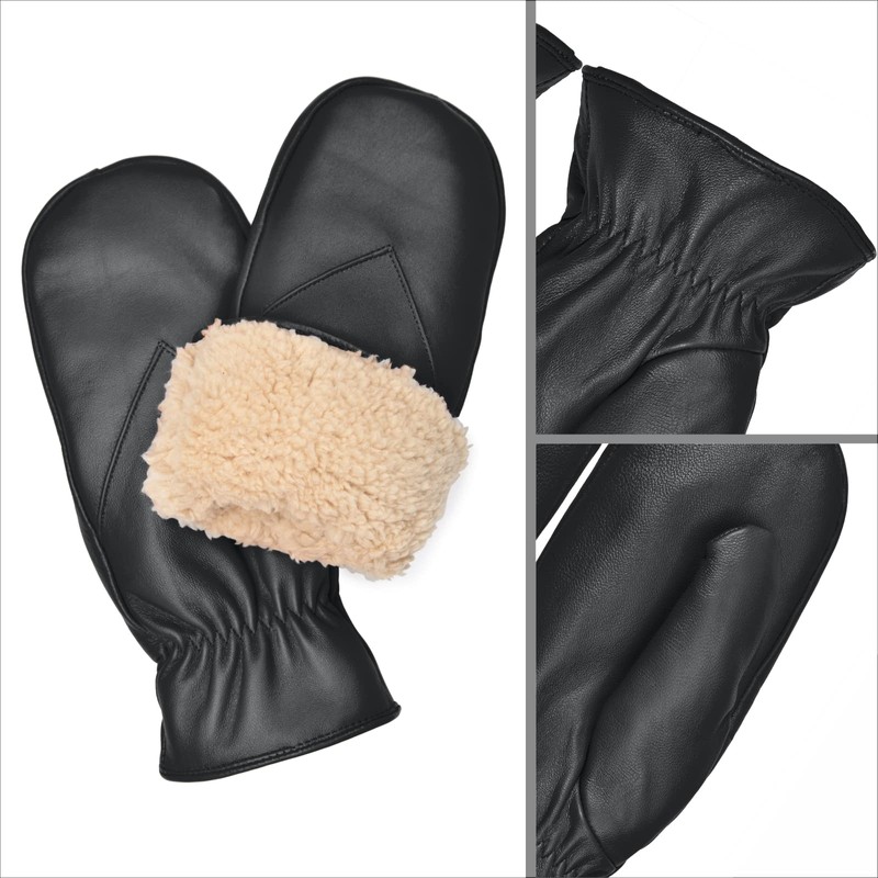 Mens Warm Leather Mittens Lambskin Mitten Gloves For Men Winter